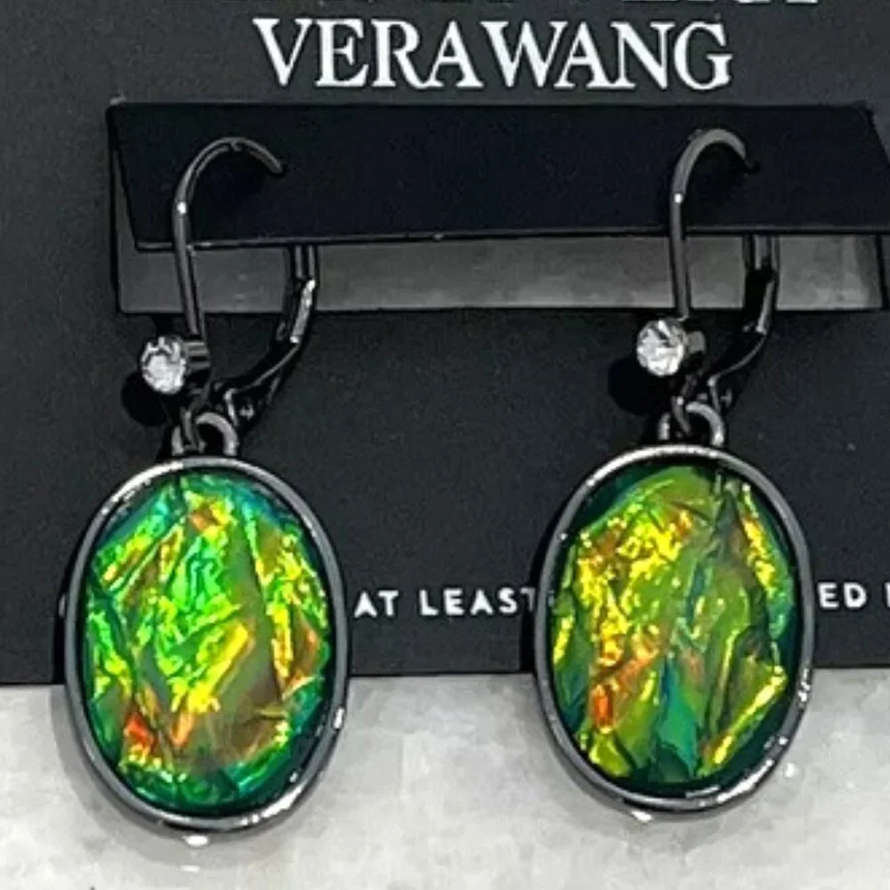 VERA WANG Mod/Contemporary Holographic Foil Green Stone Drop Earrings**NEW! - Picture 1 of 3